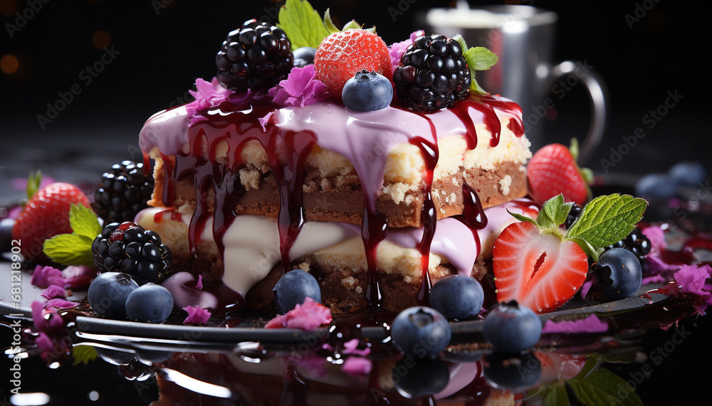 A gourmet dessert plate with fresh berry cheesecake slice generated by AI