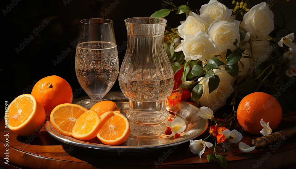 Fresh orange slices on wooden table, nature vibrant healthy refreshment generated by AI