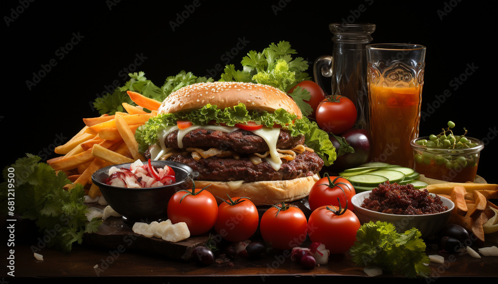 Grilled beef burger with fries, cheese, and fresh vegetables generated by AI