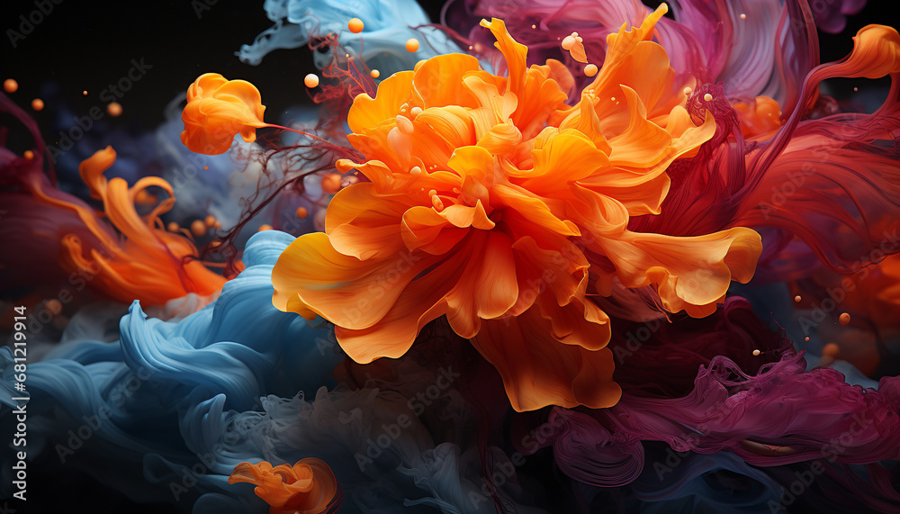 Vibrant colored flower petals create a beautiful underwater fantasy generated by AI