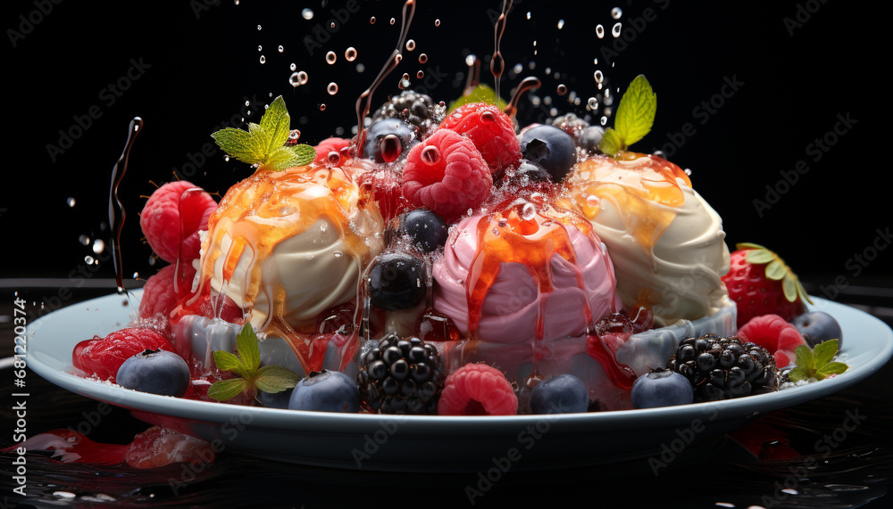 Freshness and indulgence on a plate of gourmet desserts generated by AI