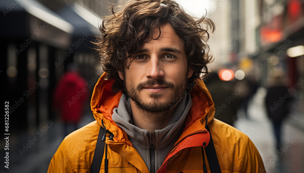 Smiling man in winter jacket confidently walking in the rain generated by AI