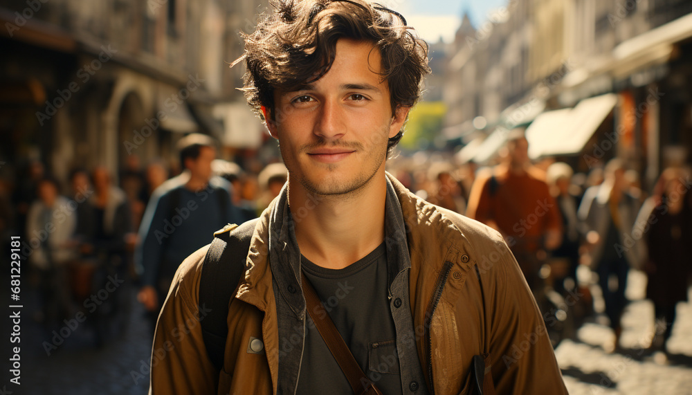 Young adult males walking in the city, smiling at the camera generated by AI