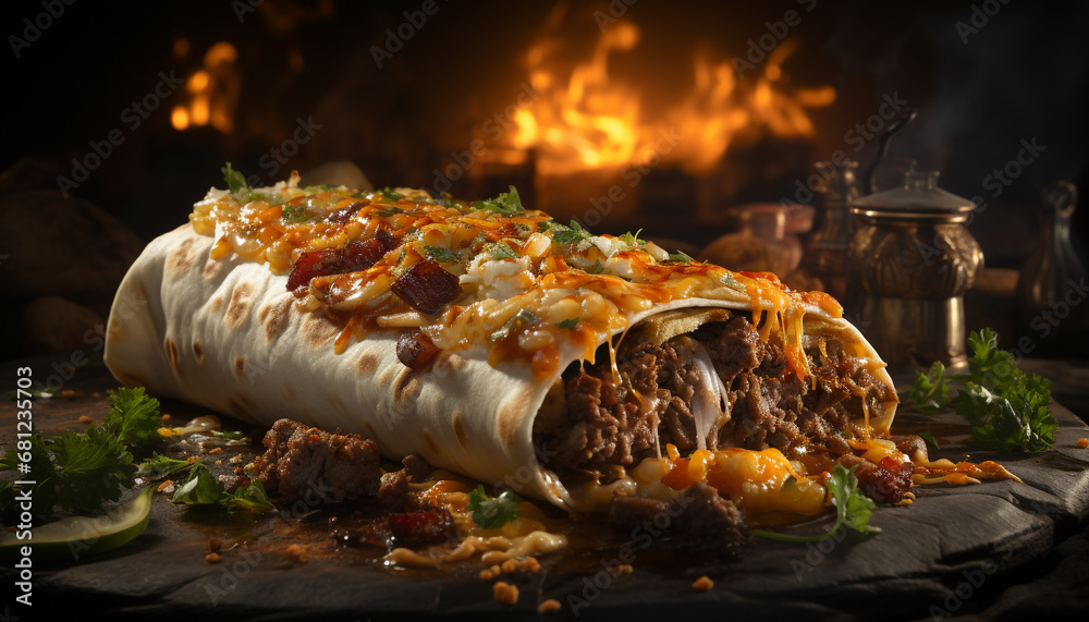 Grilled beef taco on flatbread with fresh tomato and guacamole generated by AI