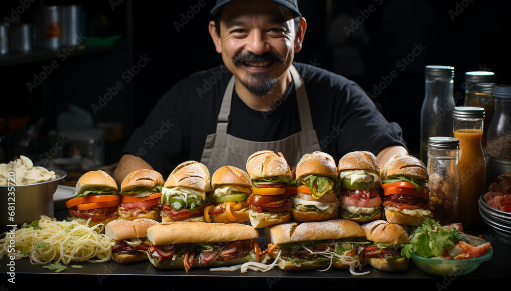 Smiling chef grills fresh beef for gourmet cheeseburger meal generated by AI