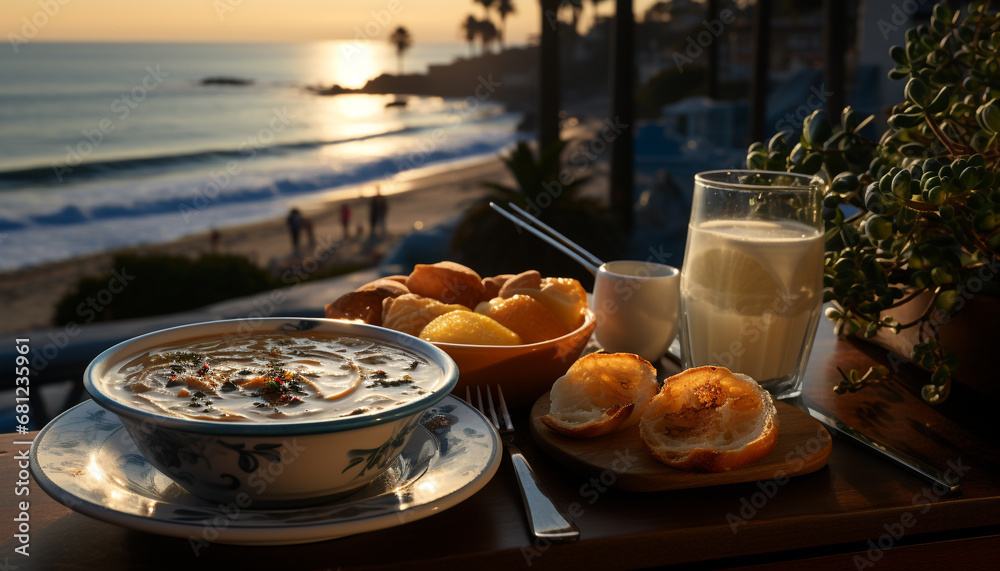 Fresh seafood on a wooden table by the coastline generated by AI