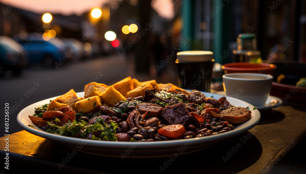 Fresh gourmet meal on outdoor table, focus on grilled vegetables generated by AI