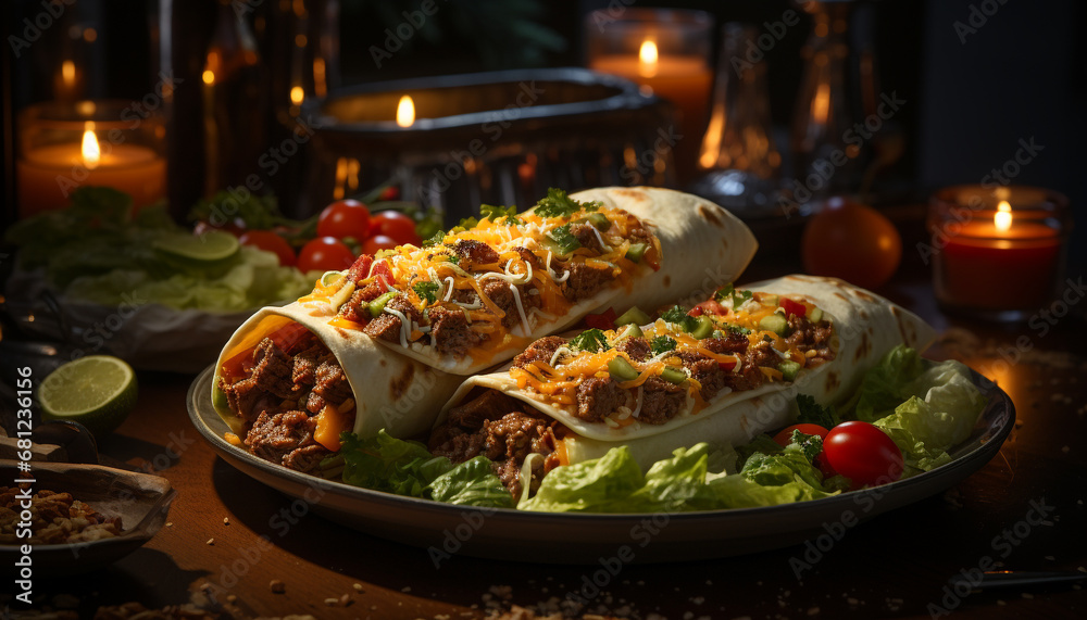 Grilled beef taco with fresh guacamole on flatbread, ready to eat generated by AI