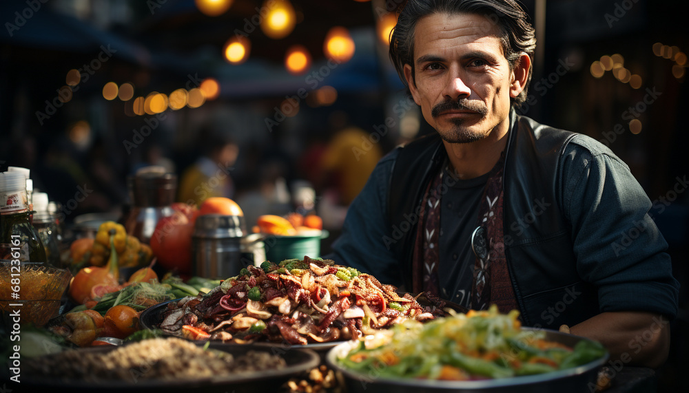 A smiling man outdoors, cooking fresh vegetables for a healthy meal generated by AI