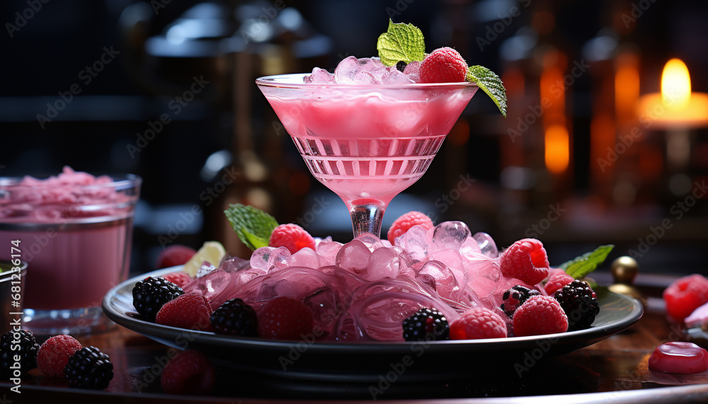 Freshness in a glass Raspberry cocktail with strawberry and blueberry generated by AI