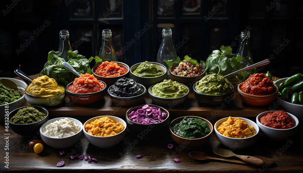 Fresh vegetable salad with guacamole, tomato, and cilantro on wood generated by AI