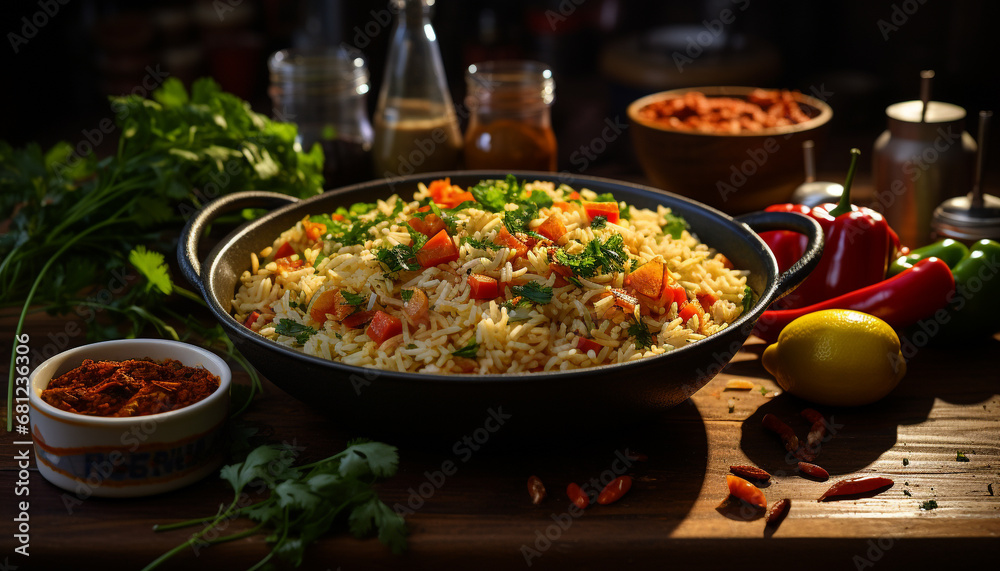 Freshness on a wooden table healthy meal with cooked rice generated by AI