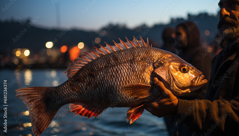 Men fishing at dusk, catching fresh seafood in tropical waters generated by AI