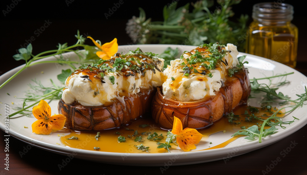 Grilled meat and fresh vegetables on a gourmet plate generated by AI