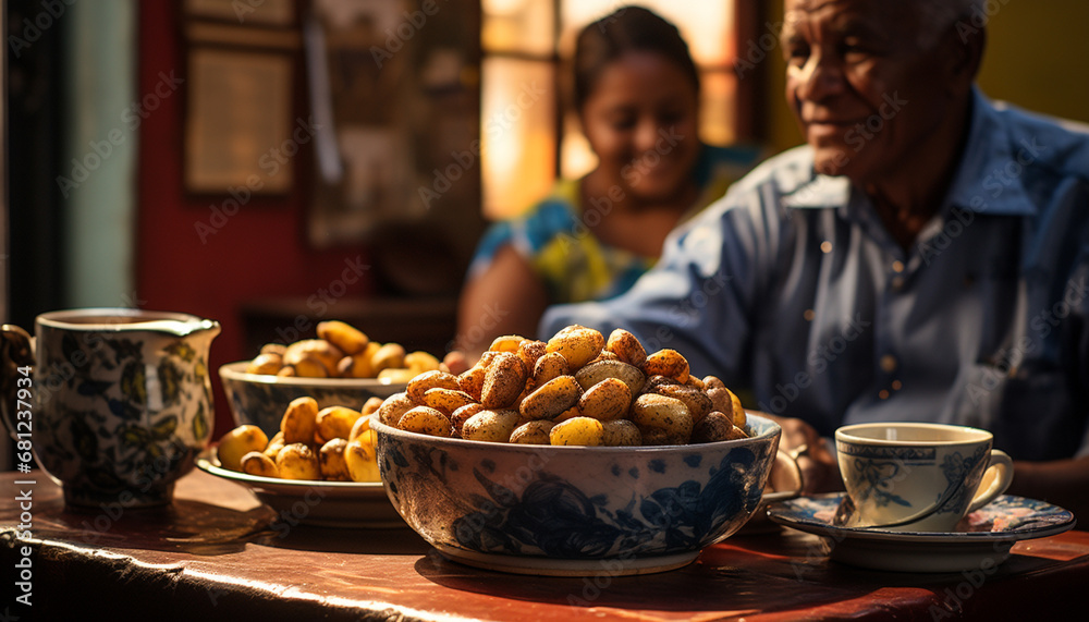 Family enjoying a homemade meal outdoors, smiling with happiness generated by AI