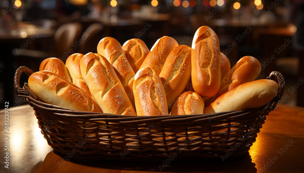 Freshly baked baguette on wooden table, a gourmet snack generated by AI