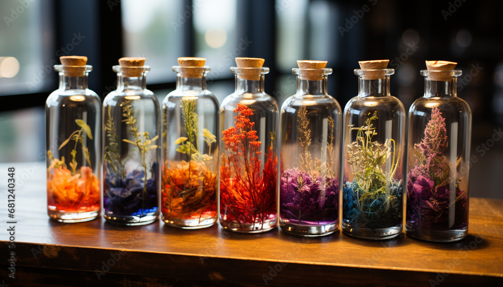 Fresh organic fruit collection in multi colored glass jars on wooden table generated by AI