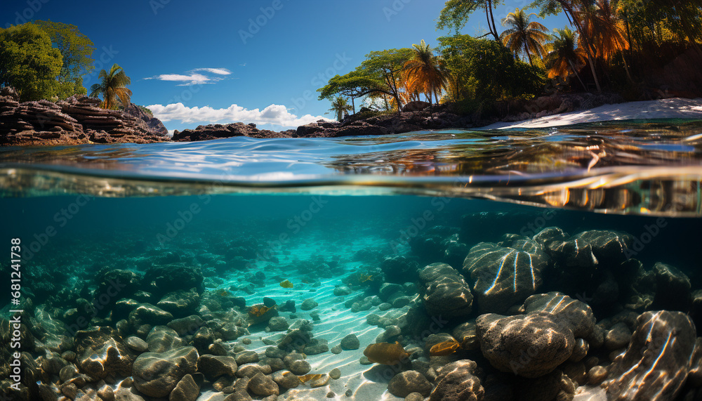 Underwater adventure fish swim in transparent blue tropical seascape generated by AI