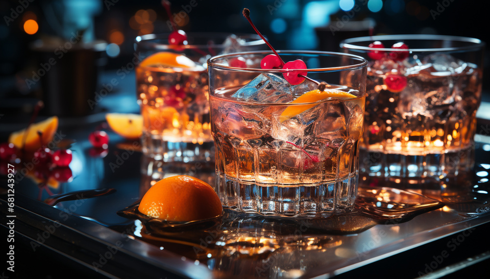 Nightclub bartender pouring whiskey into glass on wooden bar counter generated by AI