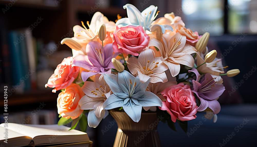 A beautiful bouquet of fresh flowers decorates the table generated by AI