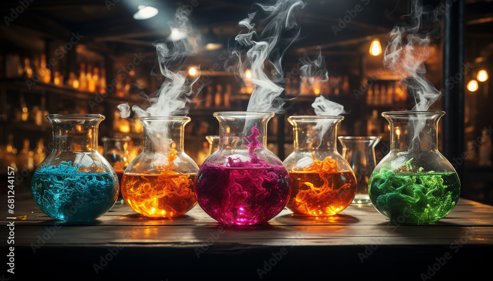 Scientist conducts research, chemistry experiment with colorful liquid in flask generated by AI