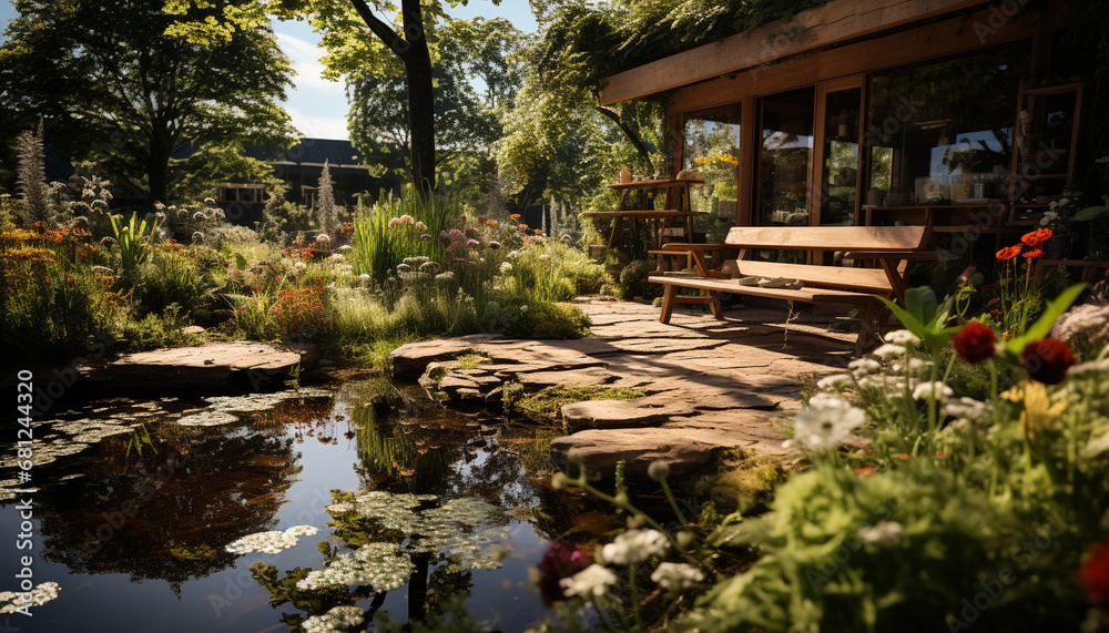 A tranquil scene green grass, blooming flowers, and a pond generated by AI