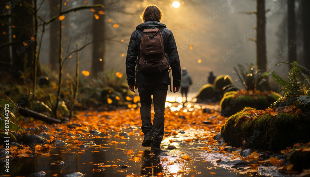 One person hiking in autumn forest, enjoying solitude generated by AI