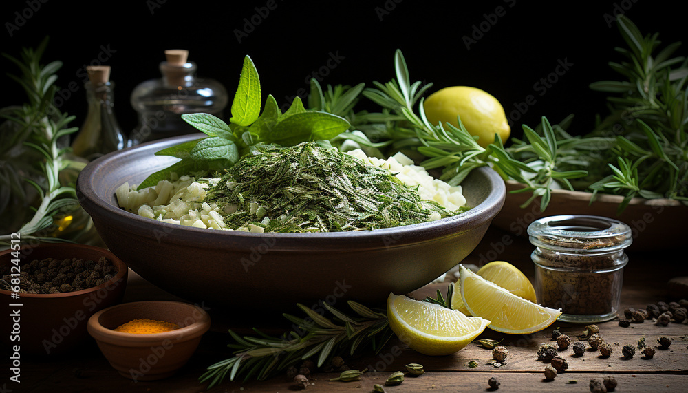 Freshness and nature on a rustic wooden table, healthy eating generated by AI