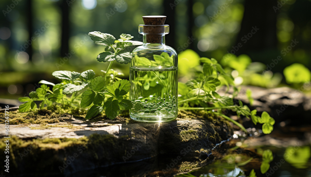 Fresh green plant leaf in nature, close up of aromatherapy oil generated by AI