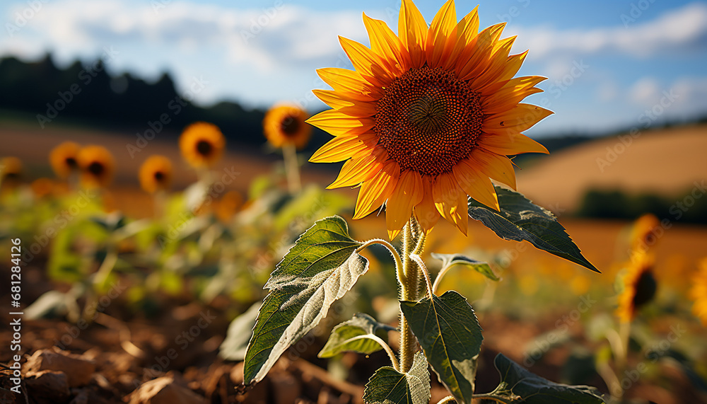 Sunflower, yellow leaf, outdoors, rural scene, plant, agriculture, summer generated by AI