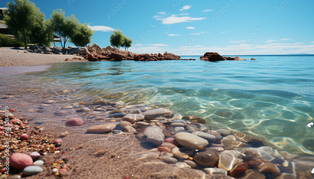 Tranquil summer sunset, blue waters, sandy coastline, rocky landscape generated by AI