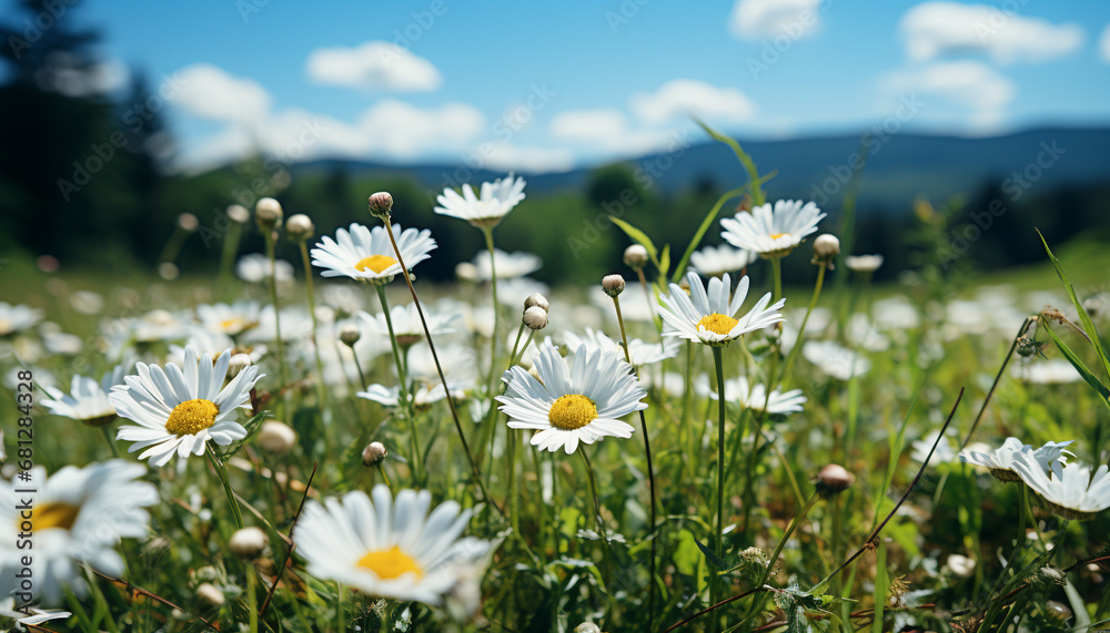 Freshness of summer meadow green grass, yellow daisies, blue sky generated by AI