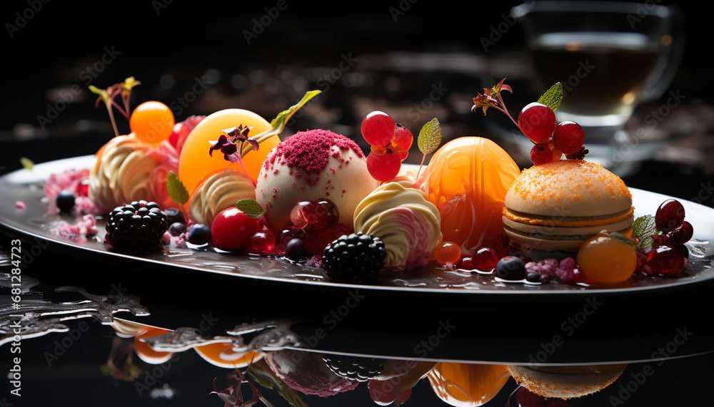 Fresh fruit dessert on a blueberry plate, indulgent and sweet generated by AI