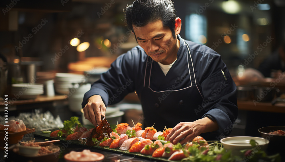 One man cooking, preparing food, expertly in commercial kitchen generated by AI