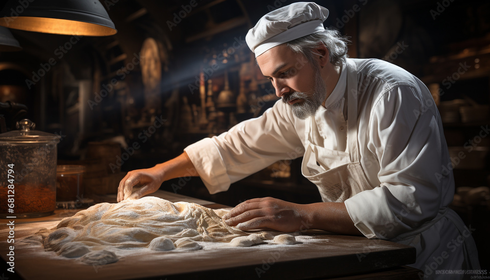 One man kneading dough, preparing homemade bread in commercial kitchen generated by AI