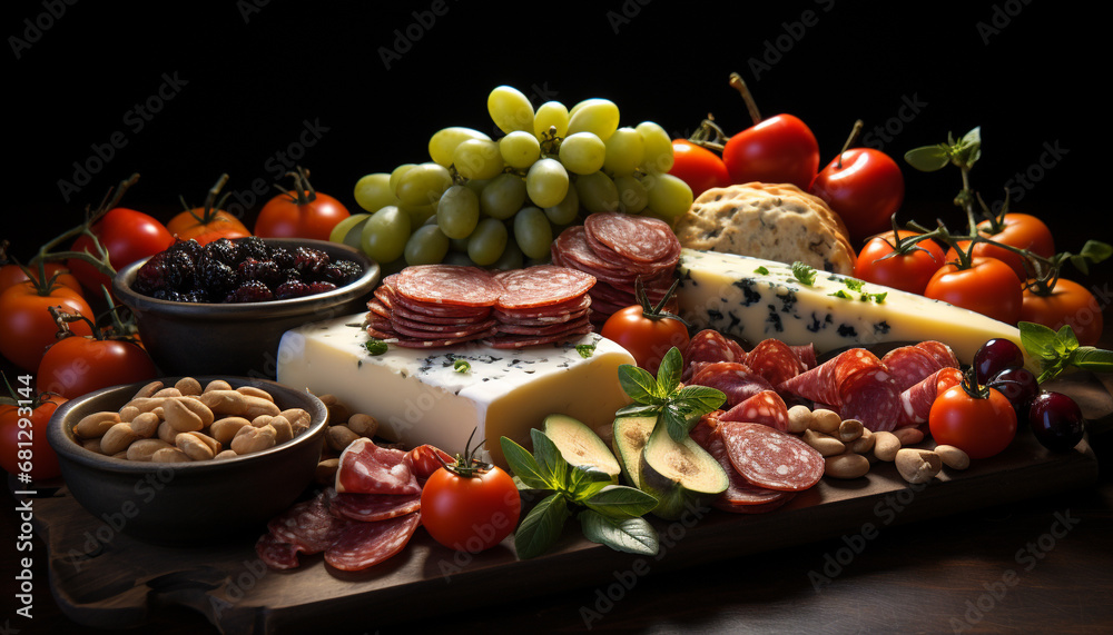 Freshness and variety on a wooden plate tomato, salami, and bread generated by AI