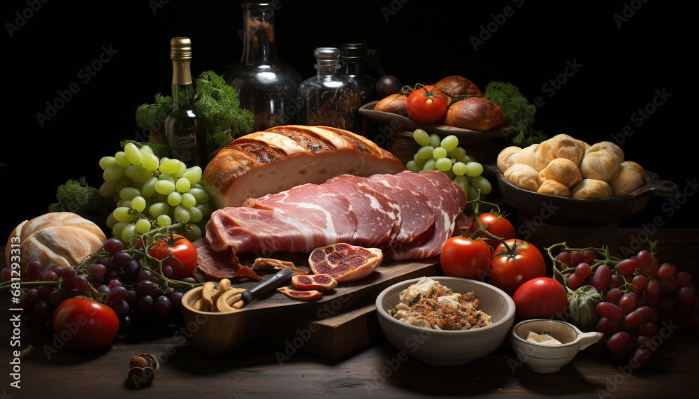 Freshness on a rustic table meat, vegetable, fruit, bread generated by AI