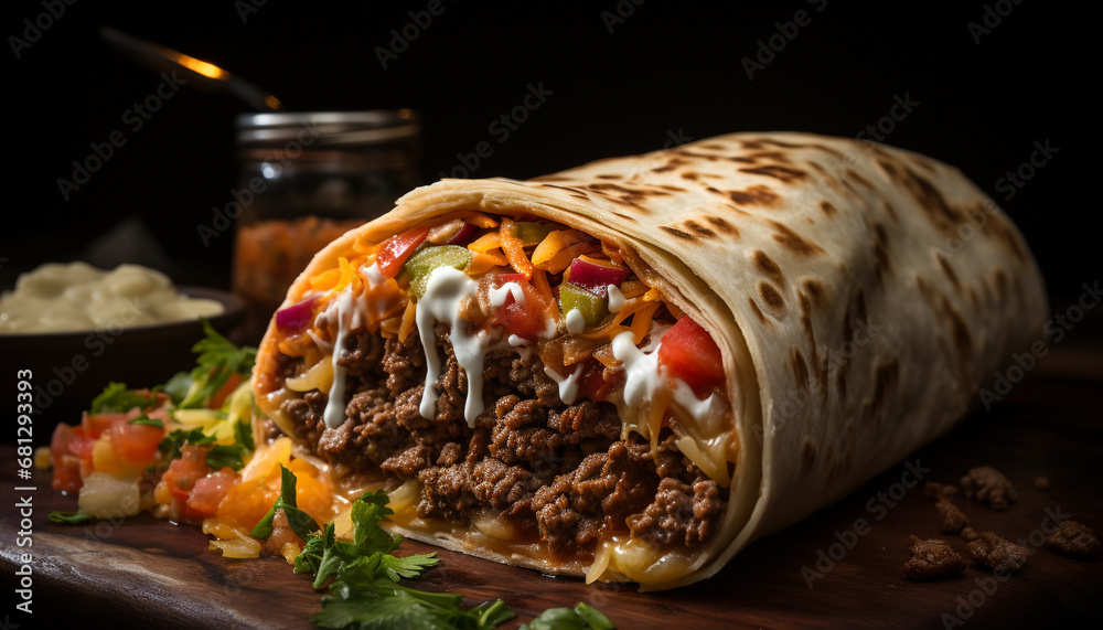 Grilled beef taco on flatbread with tomato and guacamole generated by AI