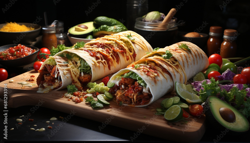 Homemade grilled beef burrito, topped with fresh guacamole and salsa generated by AI