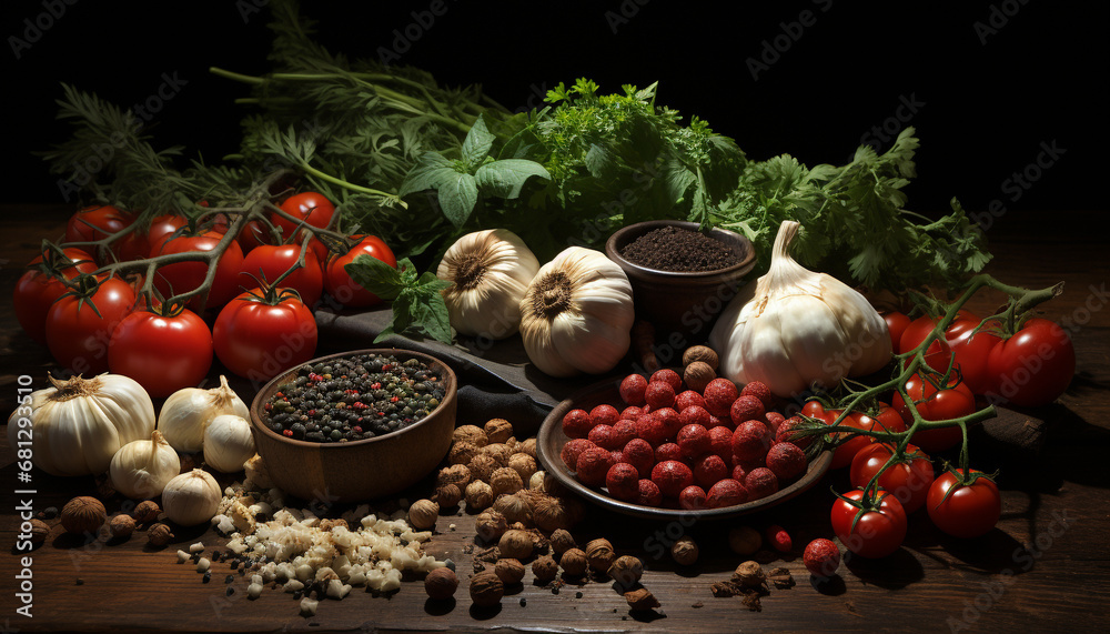 Freshness and spice in healthy eating garlic, tomato, vegetable generated by AI