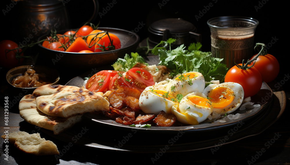 Grilled meat and vegetables on a rustic wooden plate generated by AI