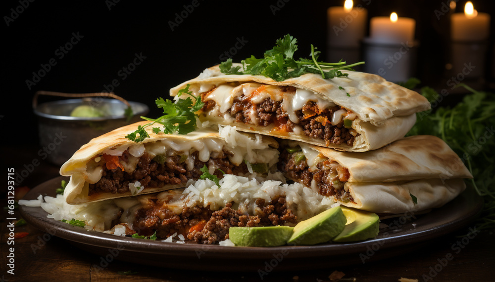 Grilled beef taco with fresh guacamole on flatbread, ready to eat generated by AI