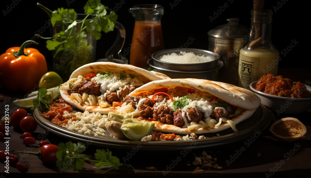 Grilled beef taco with fresh vegetables and spicy guacamole generated by AI