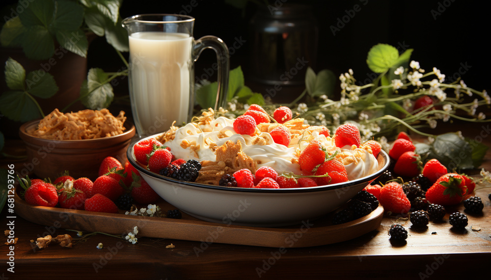 Freshness in a bowl strawberry, blueberry, raspberry, granola, yogurt generated by AI