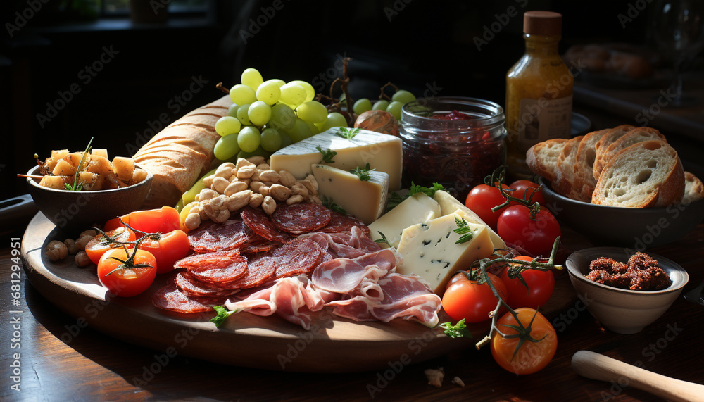 A rustic meal on wooden table bread, meat, tomato generated by AI