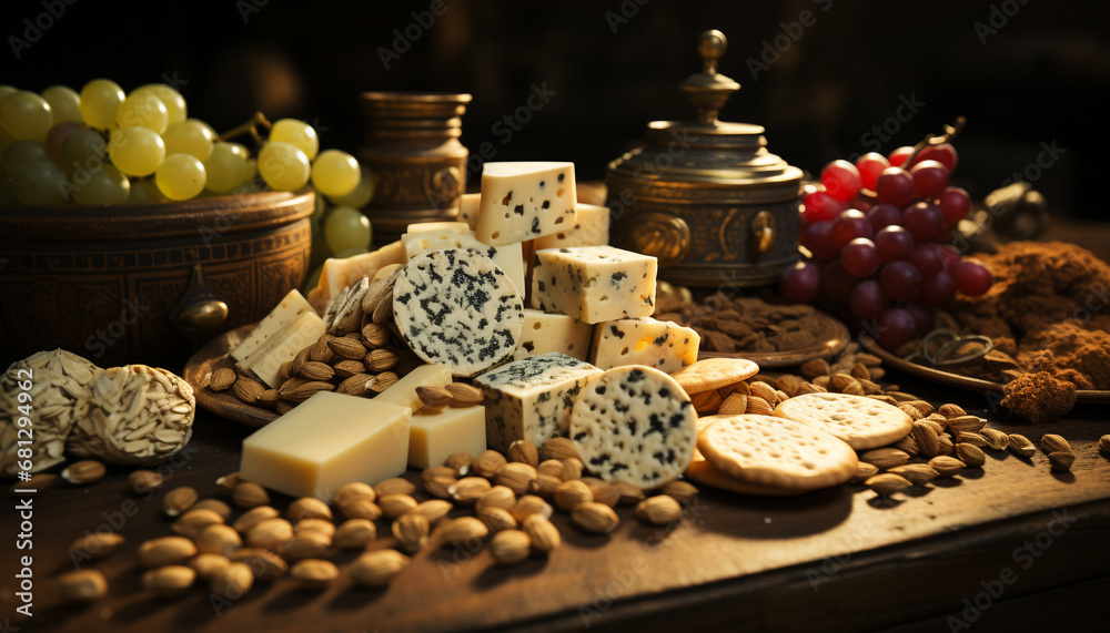 A rustic cheese board, a gourmet delight on wood generated by AI