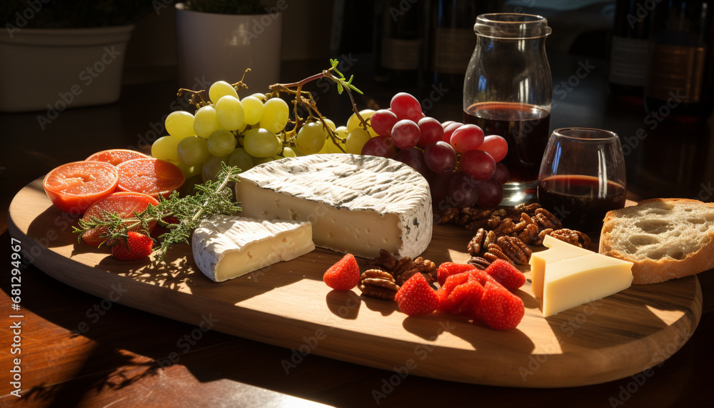 Gourmet appetizer fresh grape, Camembert, and wine variation generated by AI