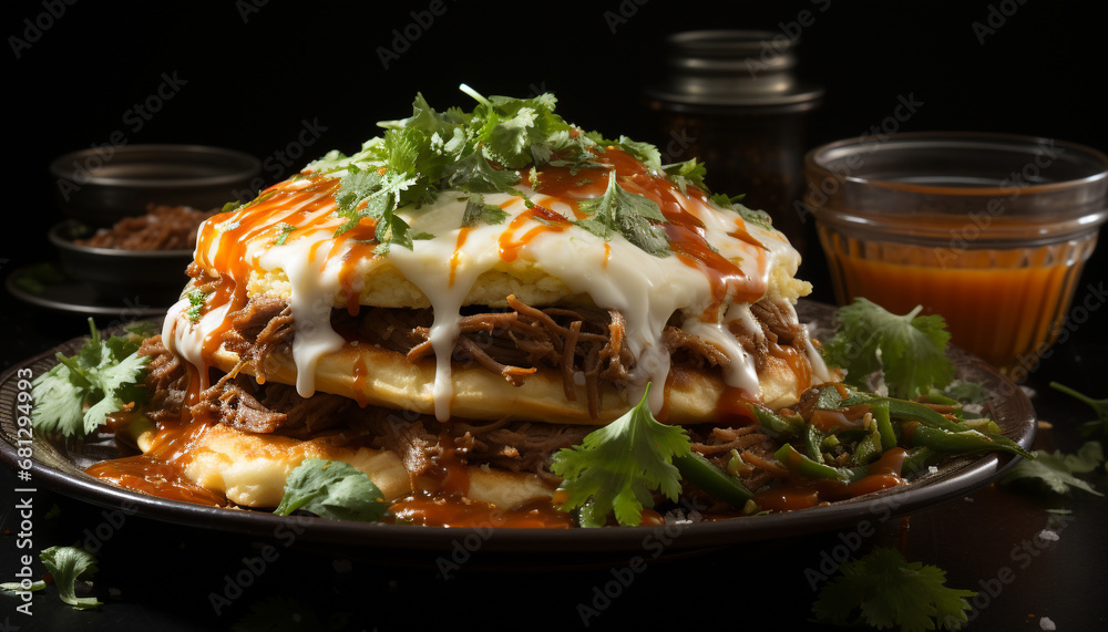 Grilled beef slice with fresh vegetable salad, ready to eat generated by AI