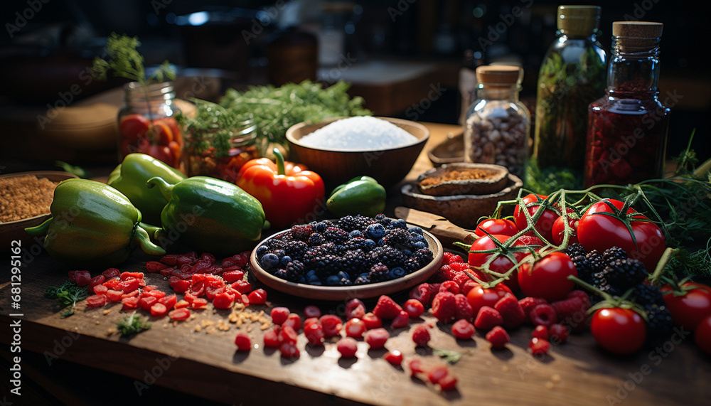 Fresh organic fruits and vegetables on wooden table, healthy eating generated by AI