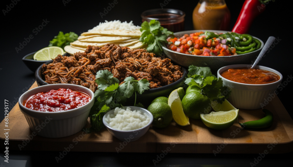 Grilled beef taco with fresh guacamole, cilantro, and lime generated by AI